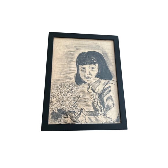 Framed Pencil Portrait Of Girl With Flowers By A. McClain 18"x12" From Frames Un - Picture 2 of 11